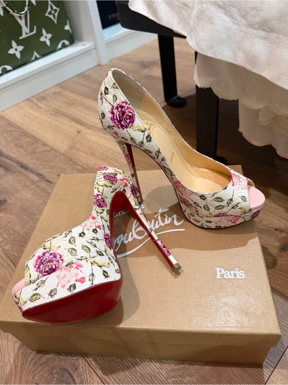 Christian Louboutin Floral Peep-Toe Platform Pumps in Cream and Pink